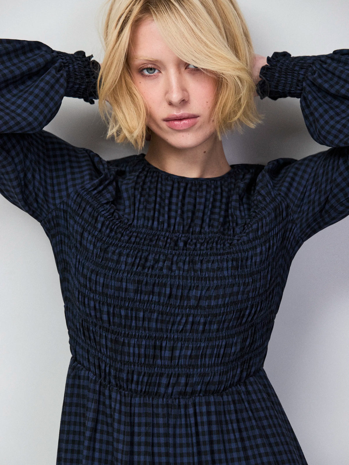 Navy Check Shirred Bodice Dress