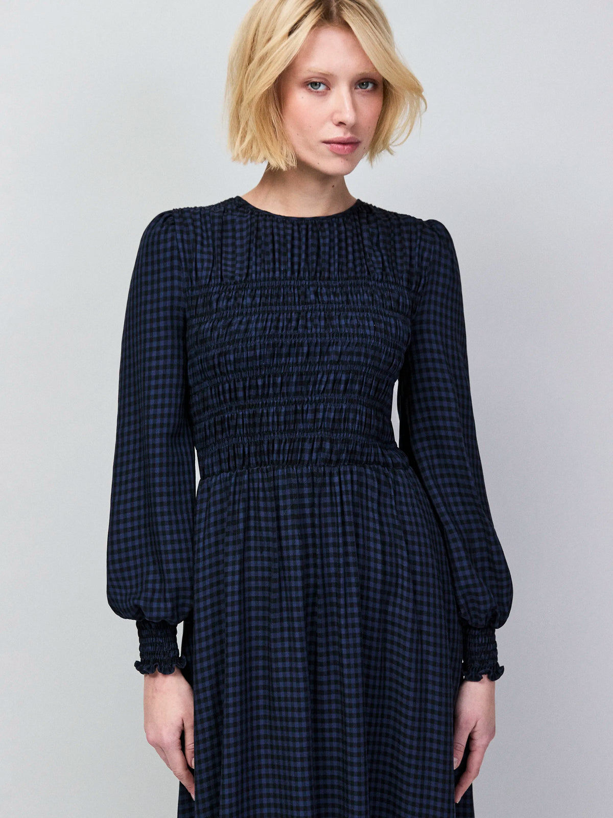 Navy Check Shirred Bodice Dress