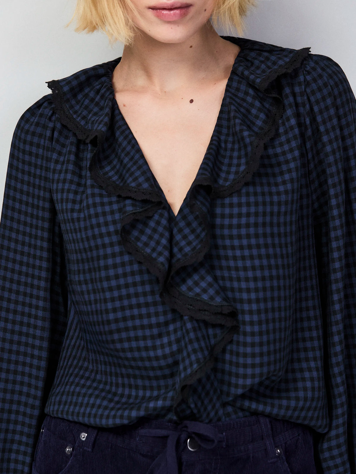 Navy Check Ruffle Front Trim Detail Blouse