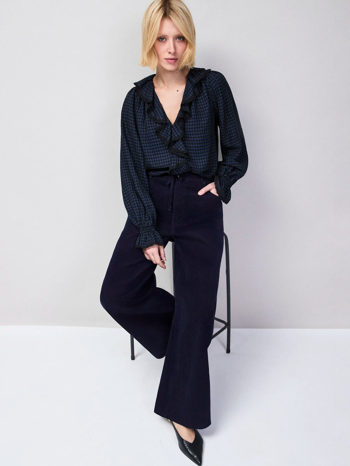 Navy Check Ruffle Front Trim Detail Blouse