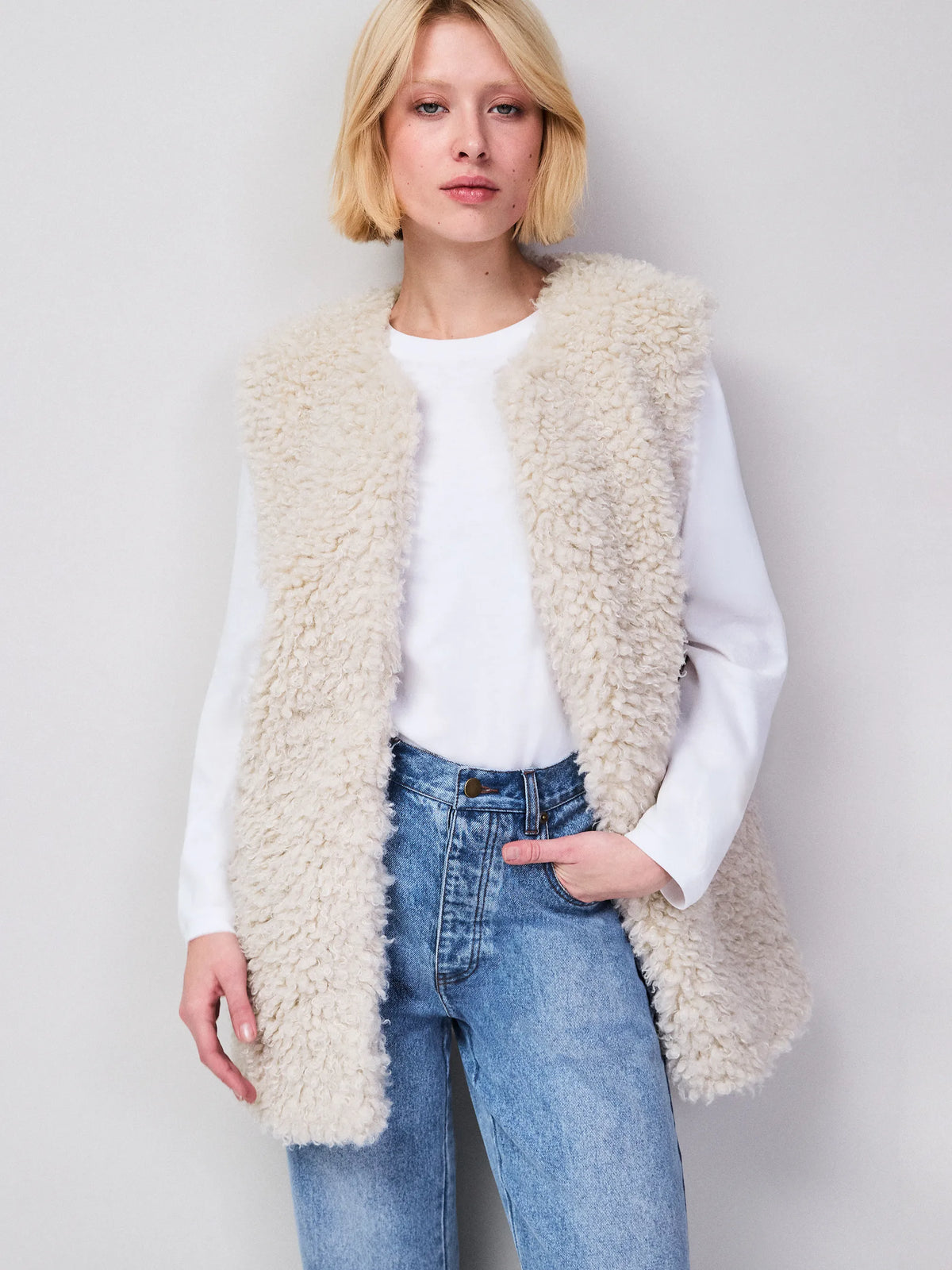 Ivory Faux Shearling Longline Gilet