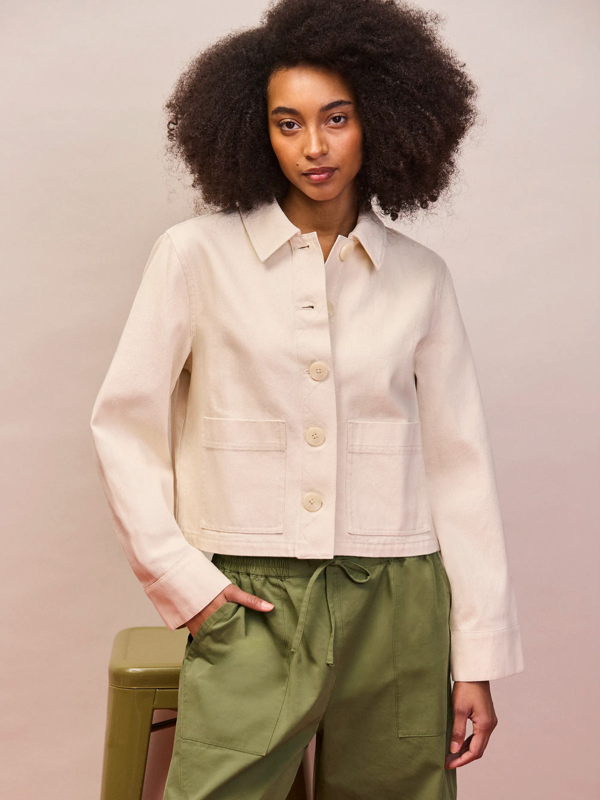 Ecru cotton twill cropped denim jacket front view