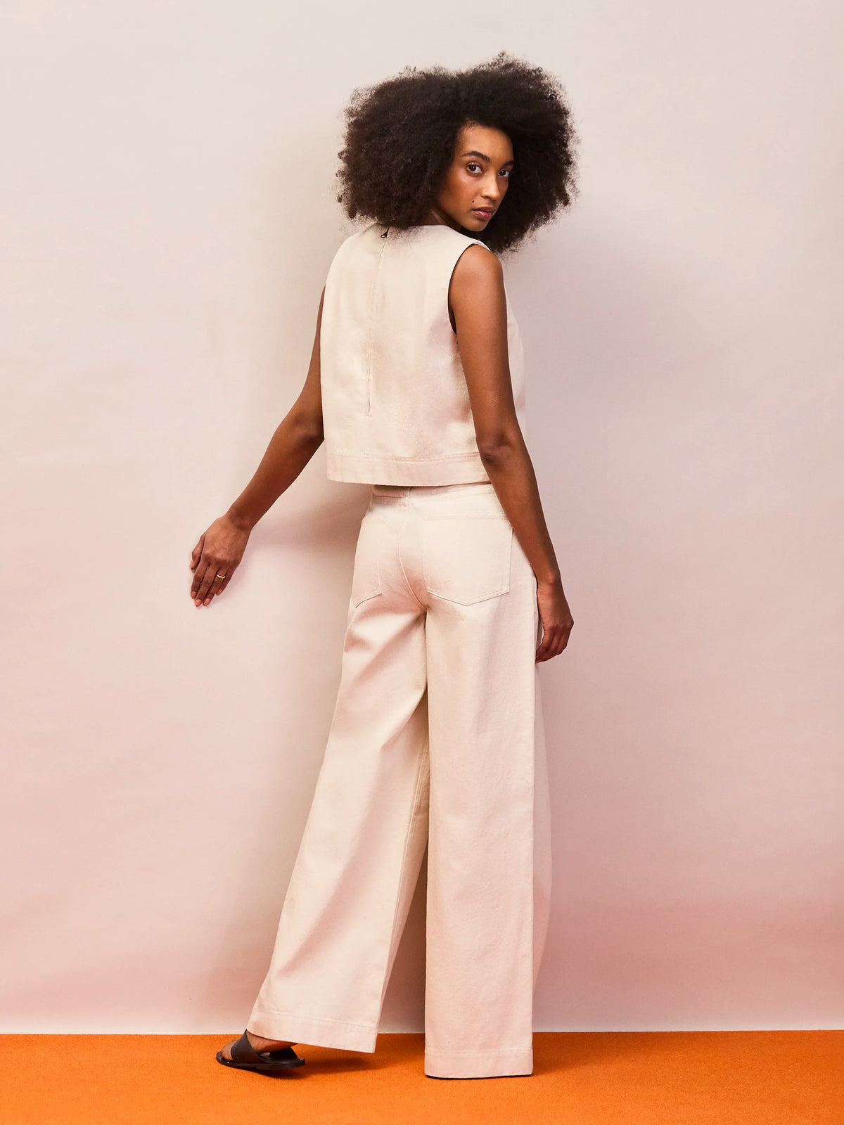 Ecru cotton twill wide leg jeans back view