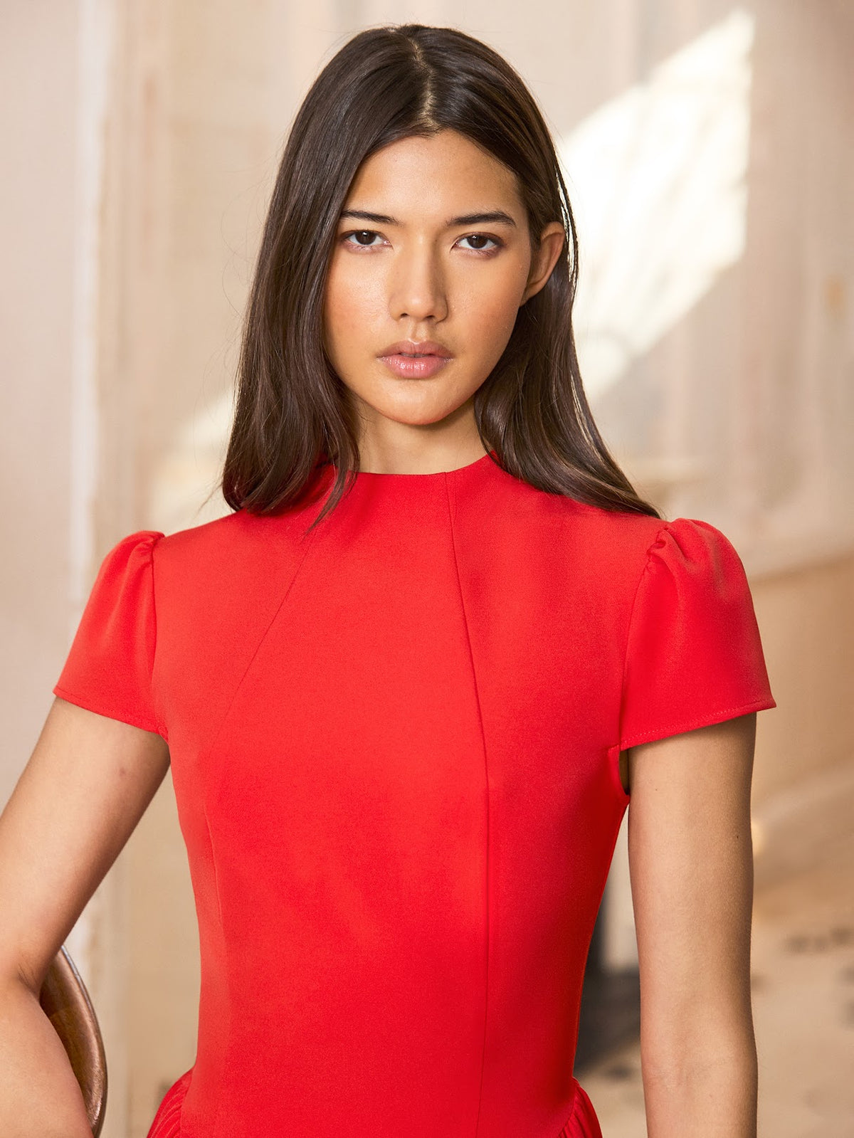 Red cap sleeve maxi dress with clean round neckline