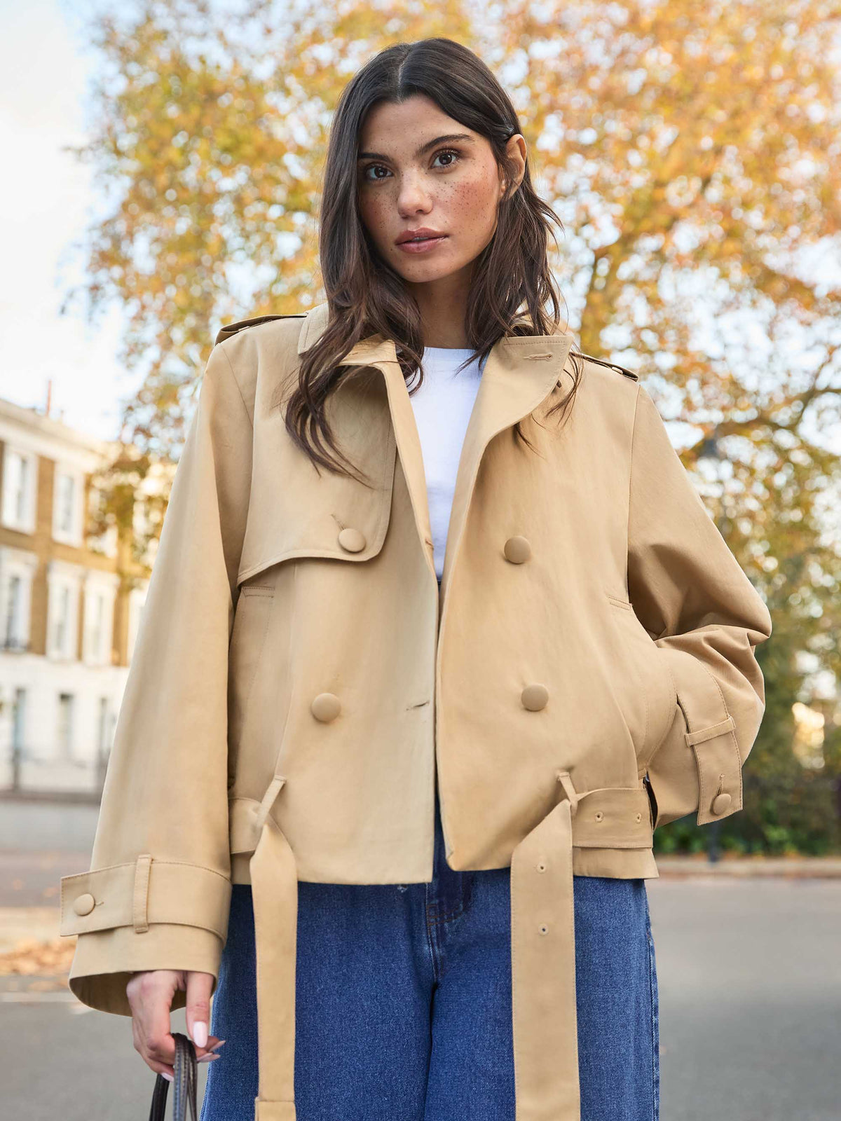 Camel Belted Cropped Trench Jacket