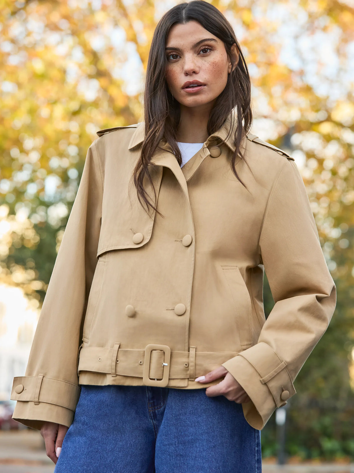 Camel Belted Cropped Trench Jacket