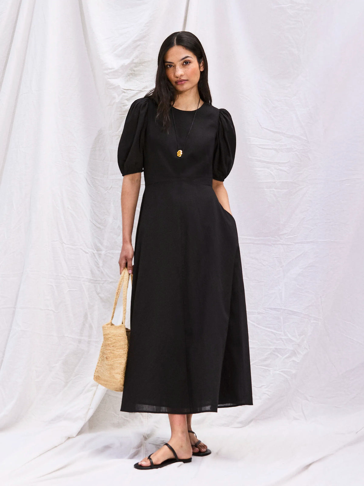 Black Cotton Voile Seam Waist Dress