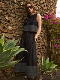 Black Cotton Contrast-Stitch Maxi Skirt