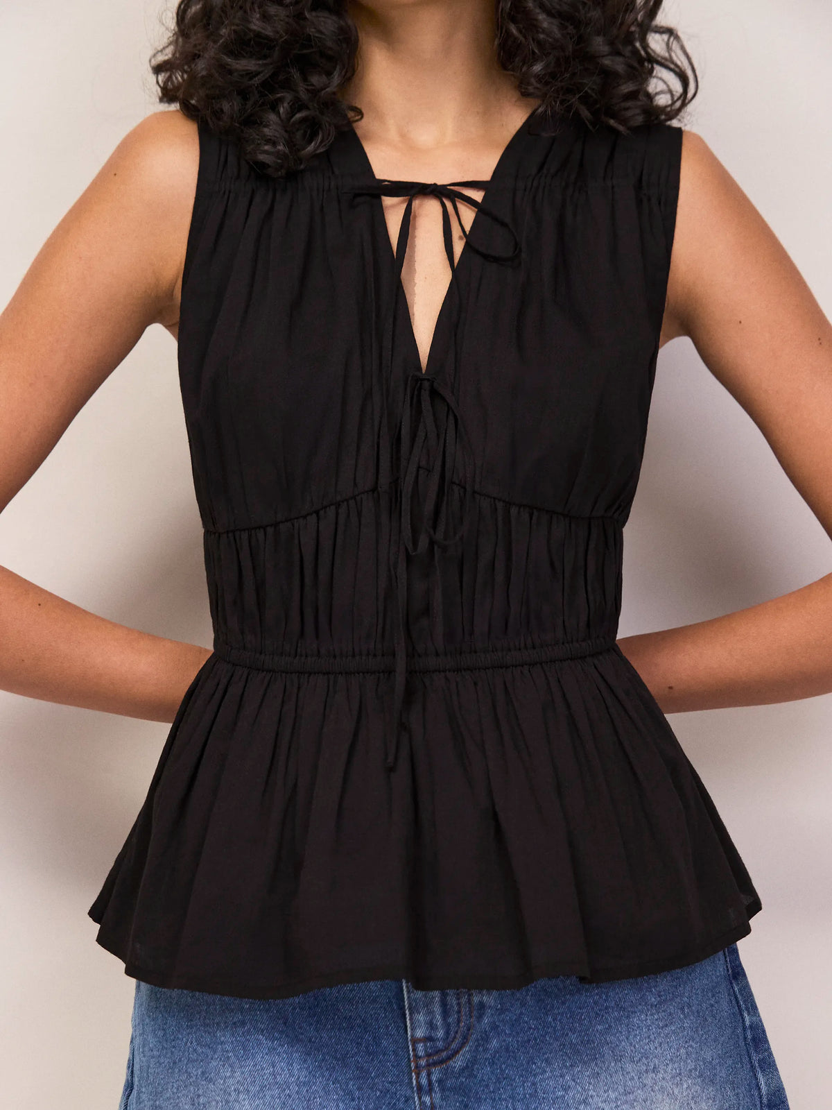 Black Cotton Voile Tie Front Top