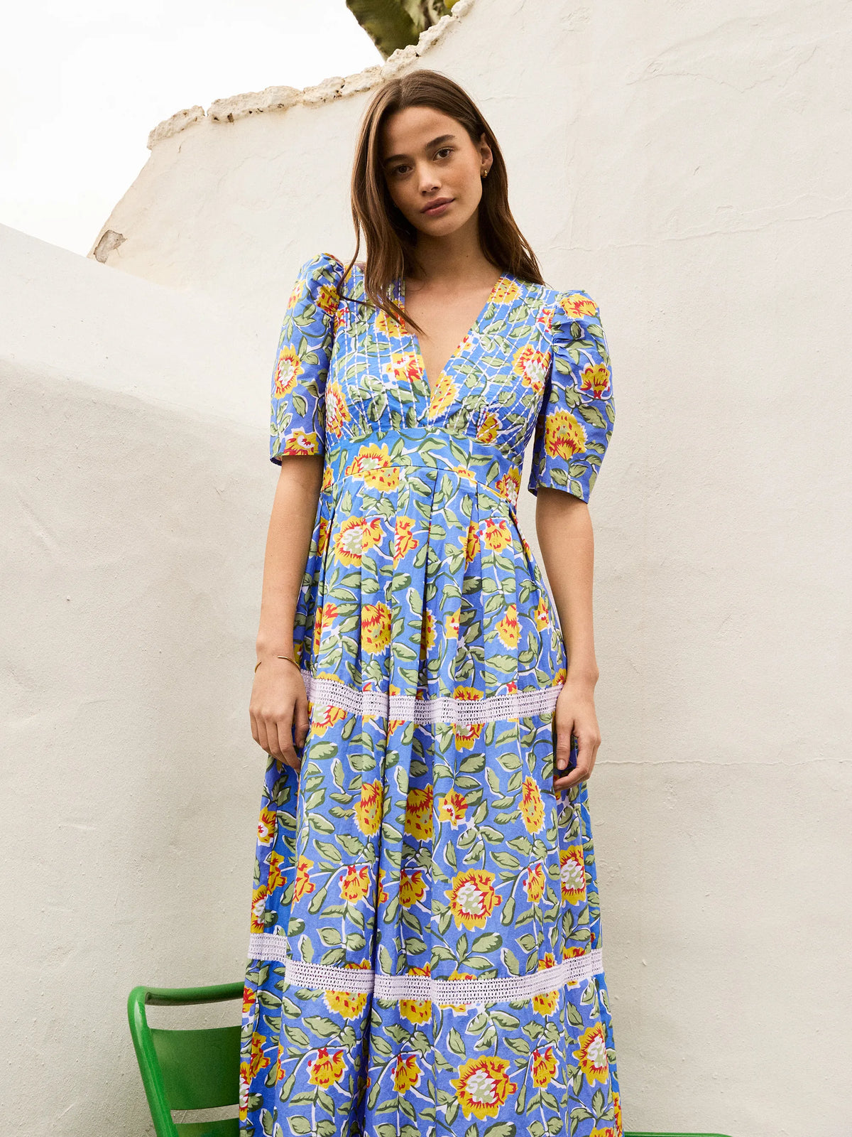 Blue Floral Print Trim Insert Dress