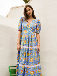 Blue Floral Print Trim Insert Dress