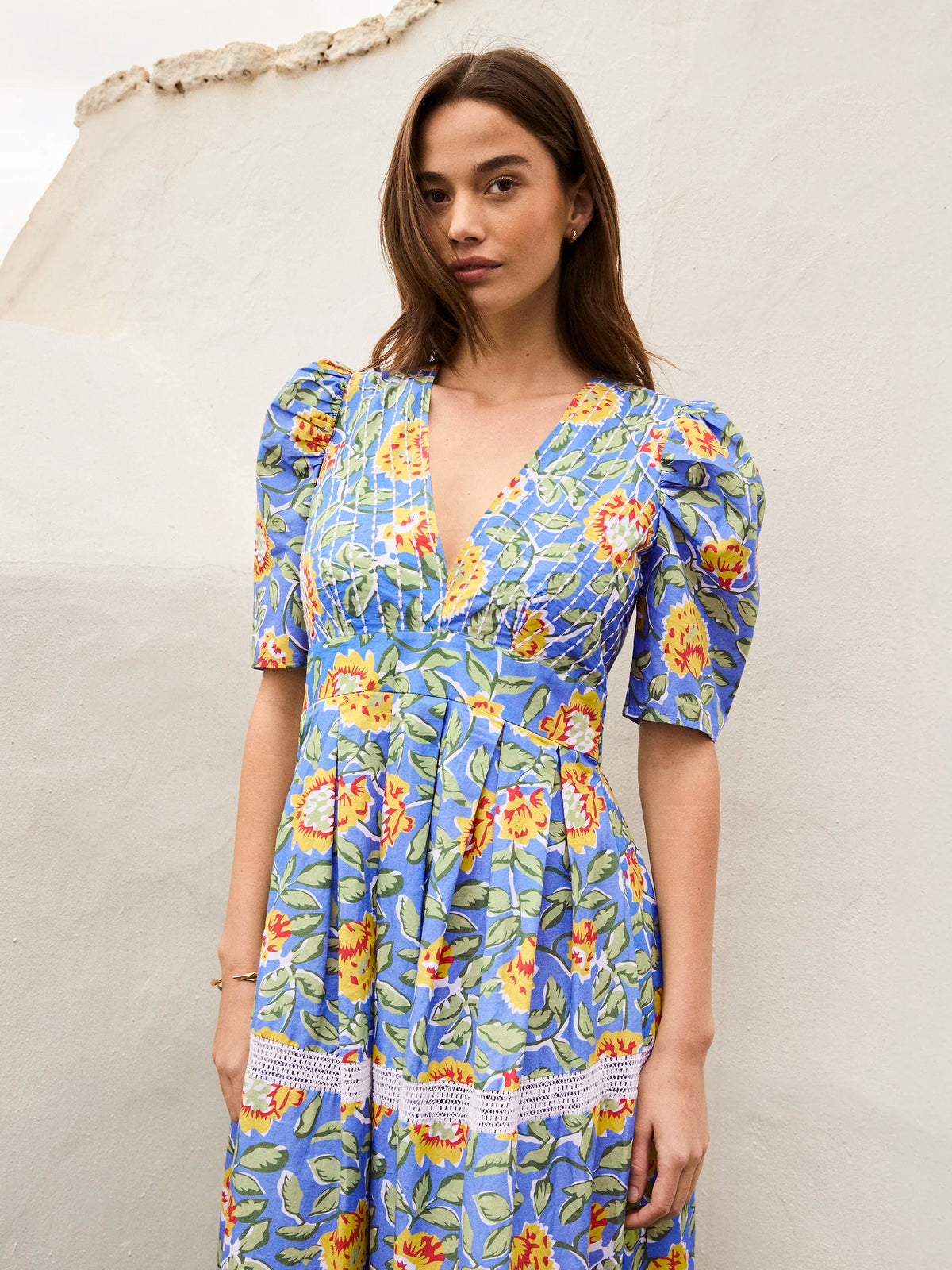 Blue Floral Print Trim Insert Dress