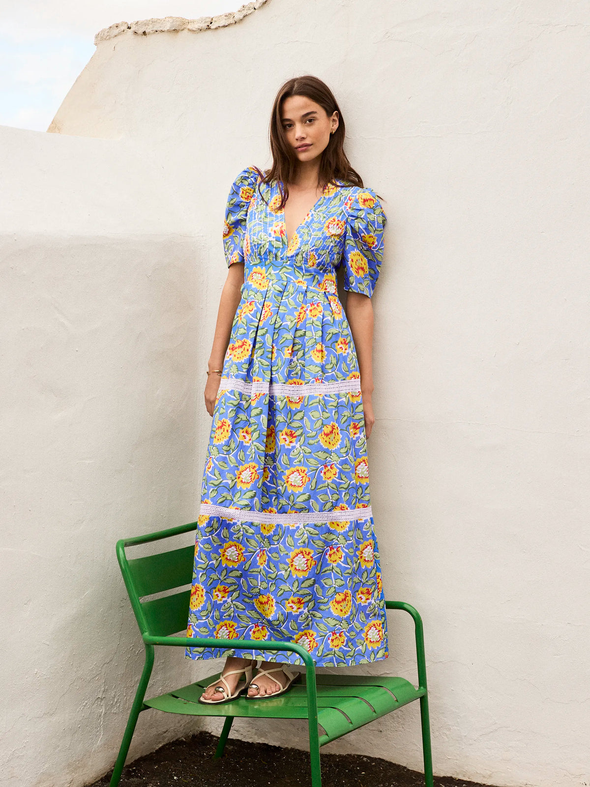 Blue Floral Print Trim Insert Dress