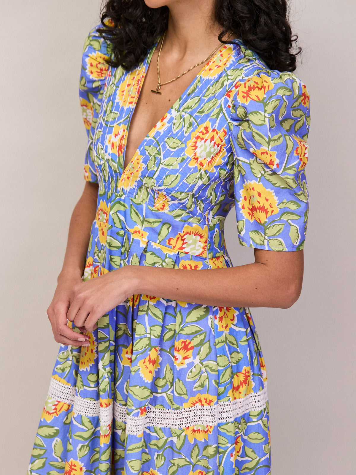 Blue Floral Print Trim Insert Dress