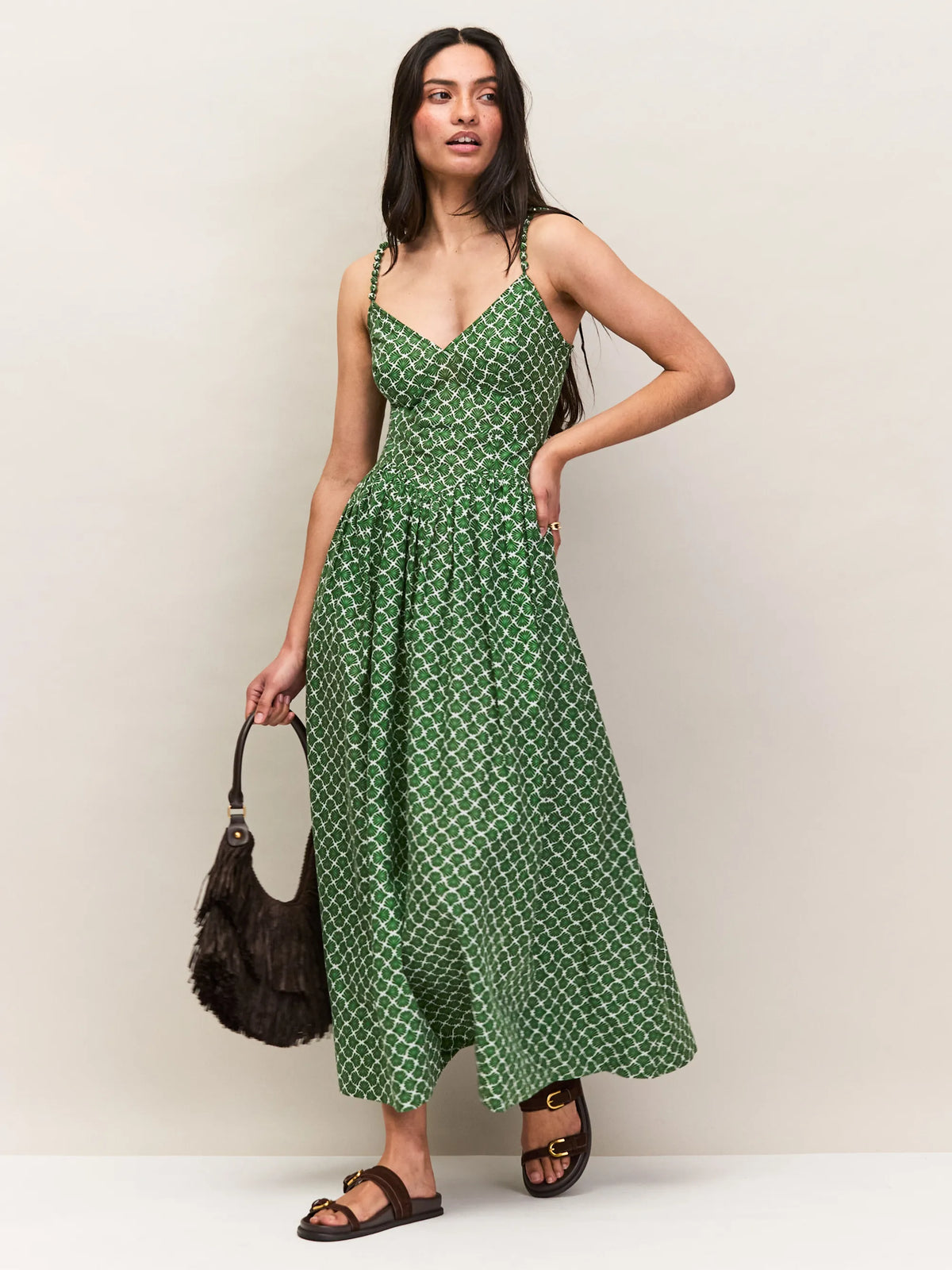 Green Fan Print Beaded Strap Dress Cotton