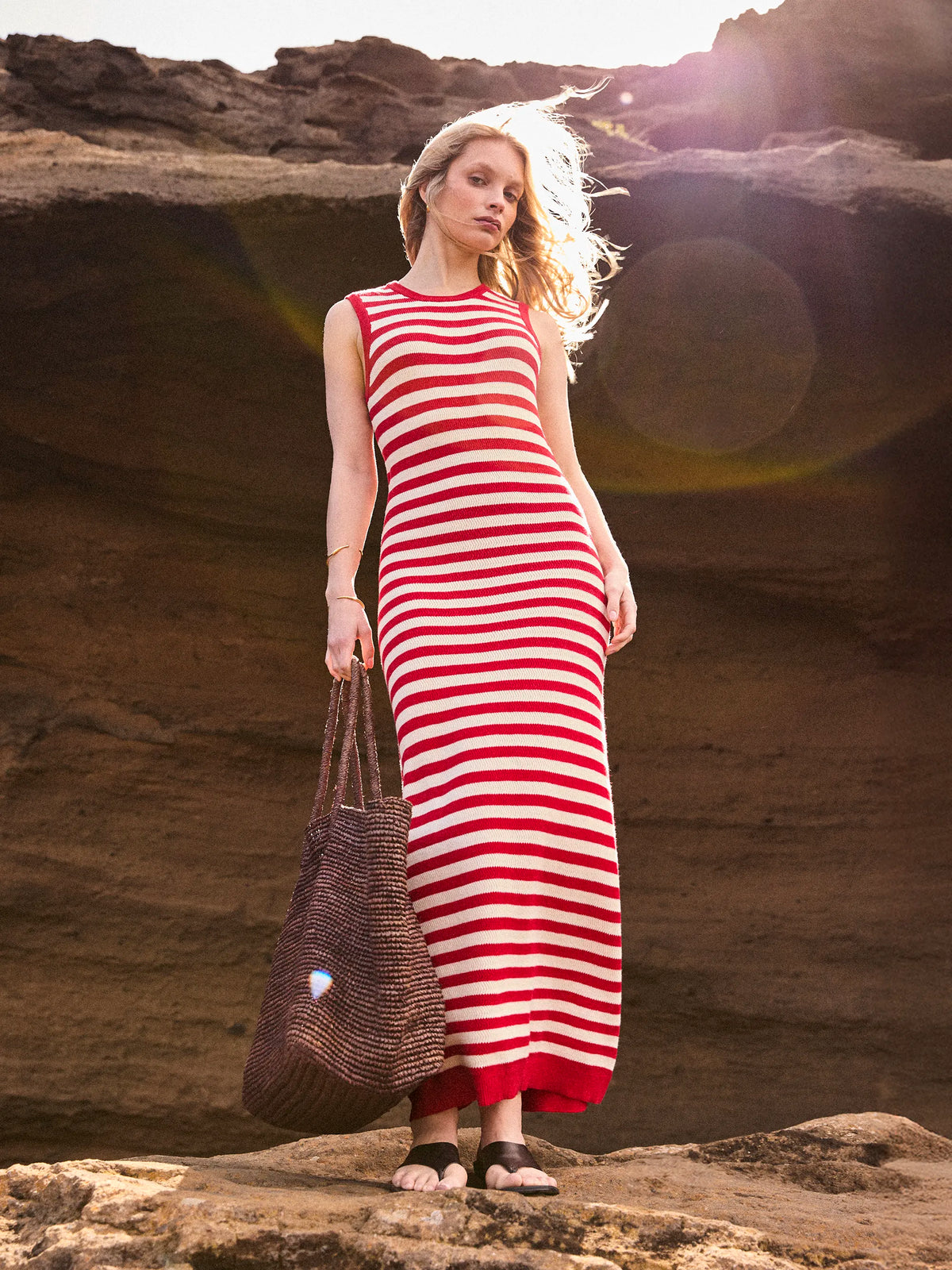 Red Stripe Knit Midi Dress Cotton Summer Resort