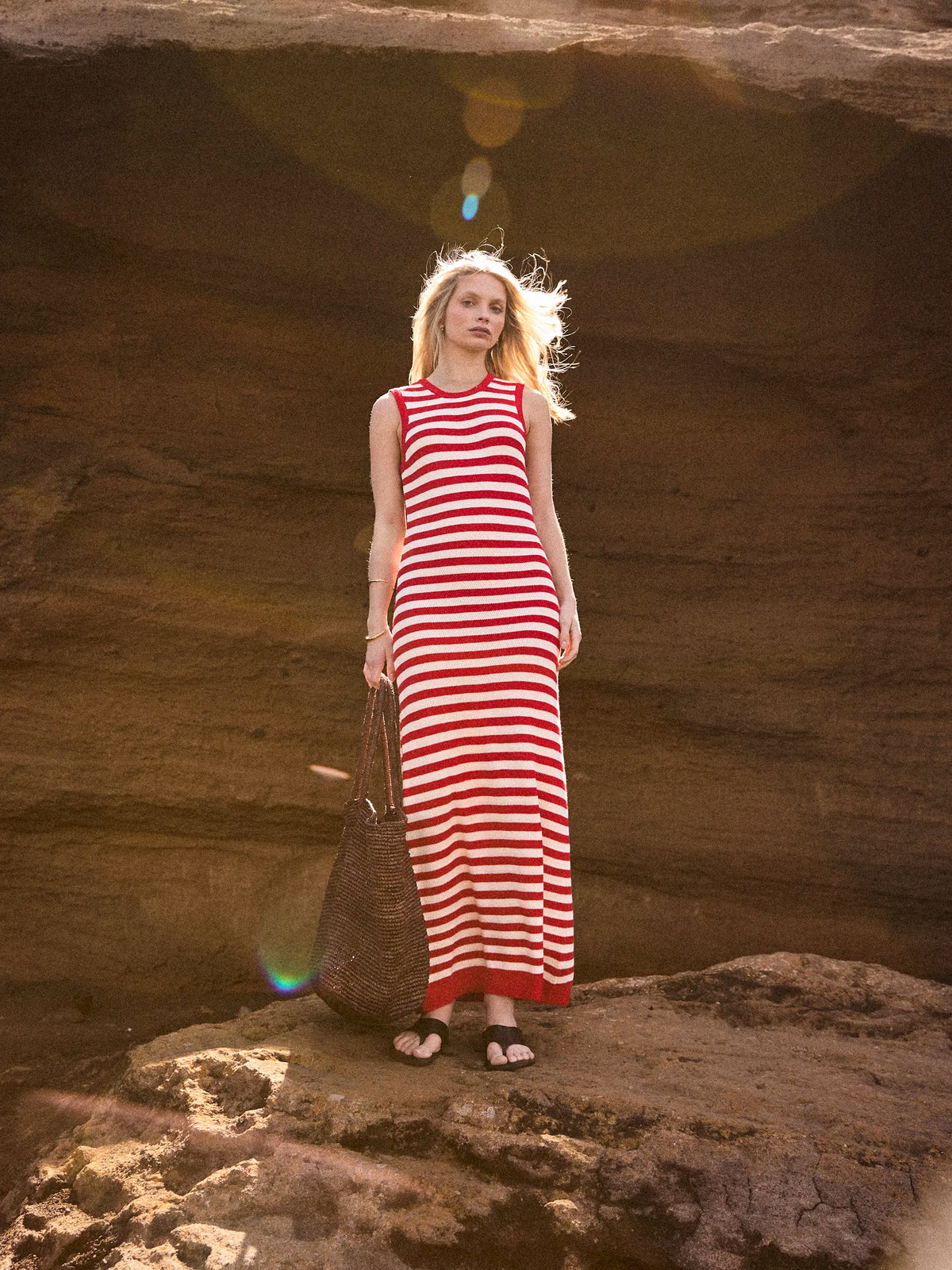 Red Stripe Knit Midi Dress Cotton Summer Resort
