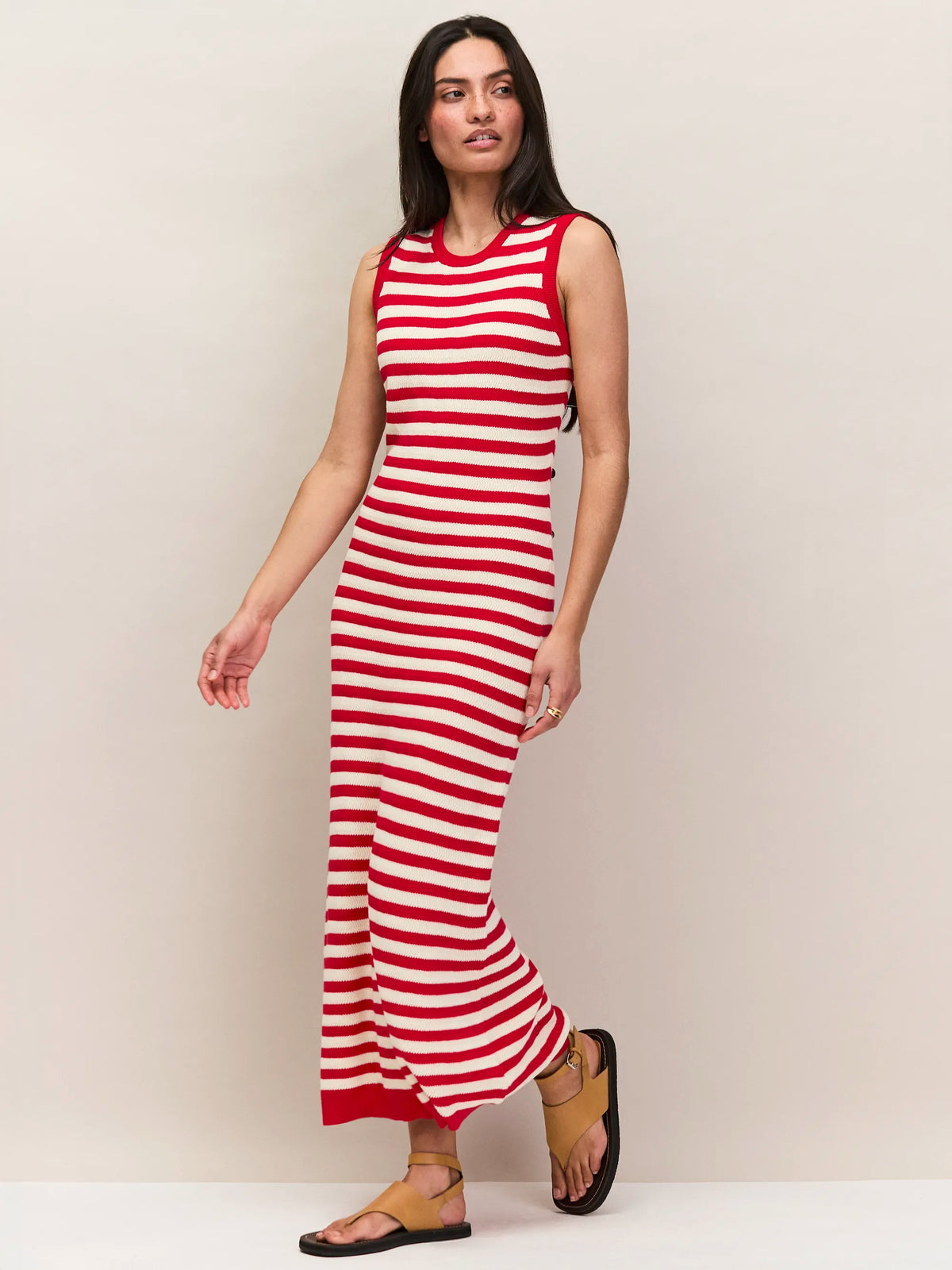 Red Stripe Knit Midi Dress Cotton Summer Resort