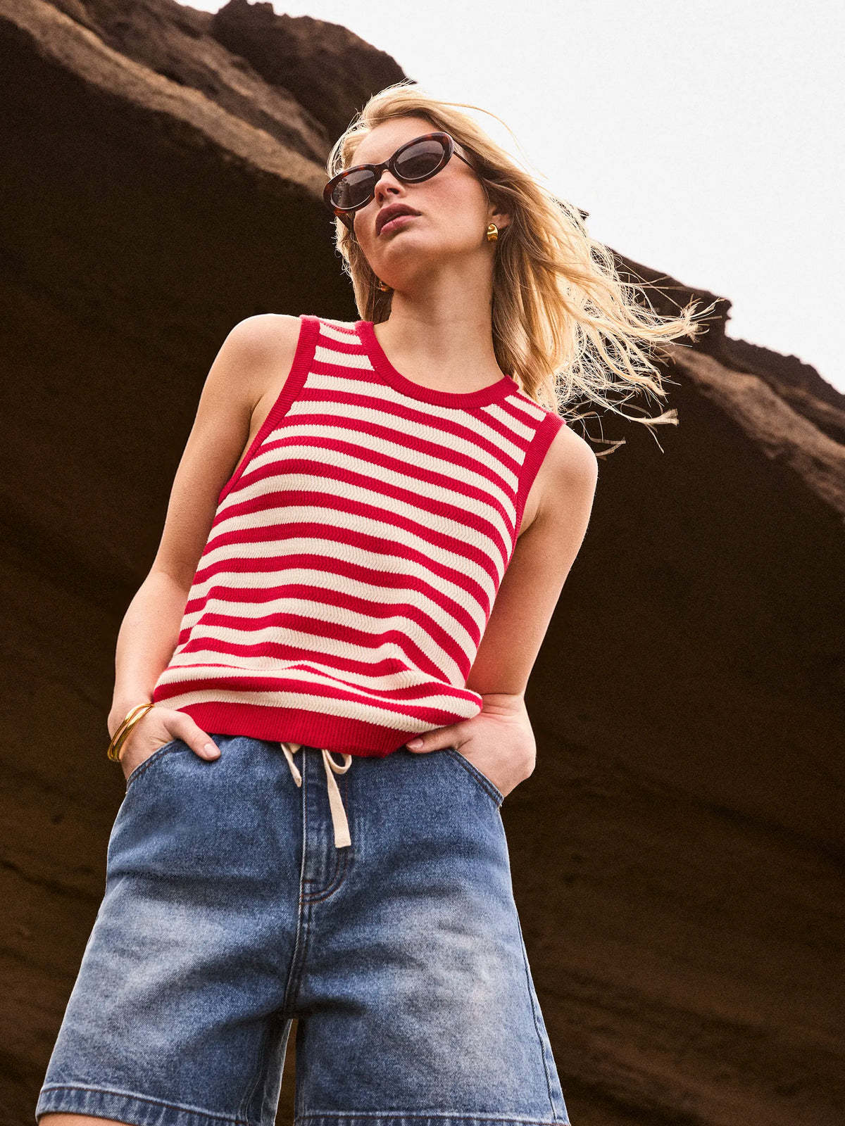 Red Stripe Knit Shell Top Cotton Resort