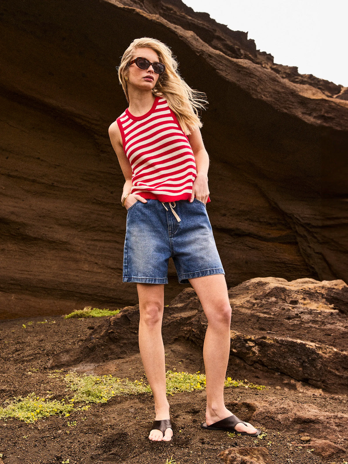 Red Stripe Knit Shell Top Cotton Resort