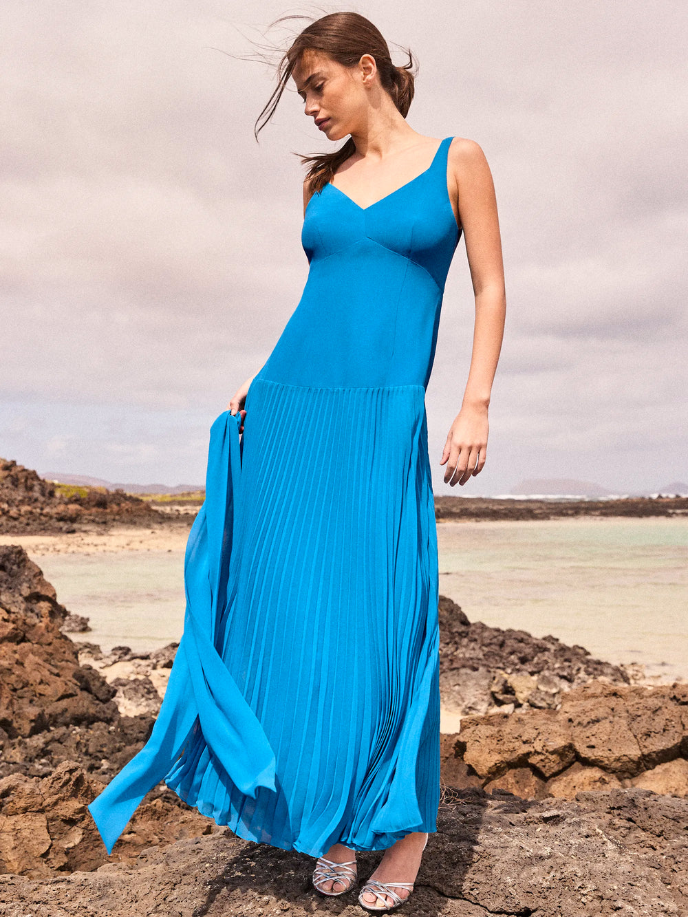 pleated drop waist dress Petite Vivian Teal Pleated Drop-Waist Dress with Scarf – Ro&Zo
