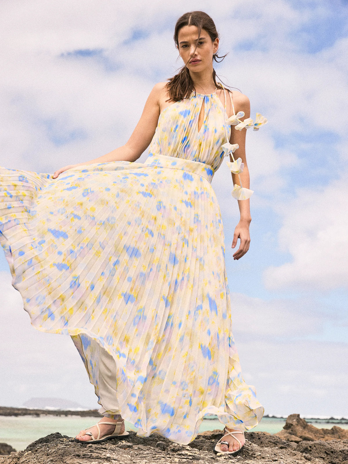 Petite Allegra Watercolour Floral Pleated Maxi Dress