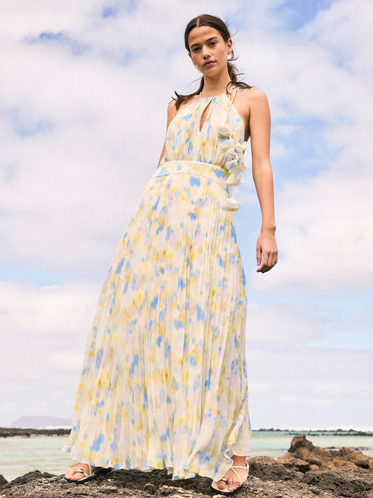 Petite Allegra Watercolour Floral Pleated Maxi Dress