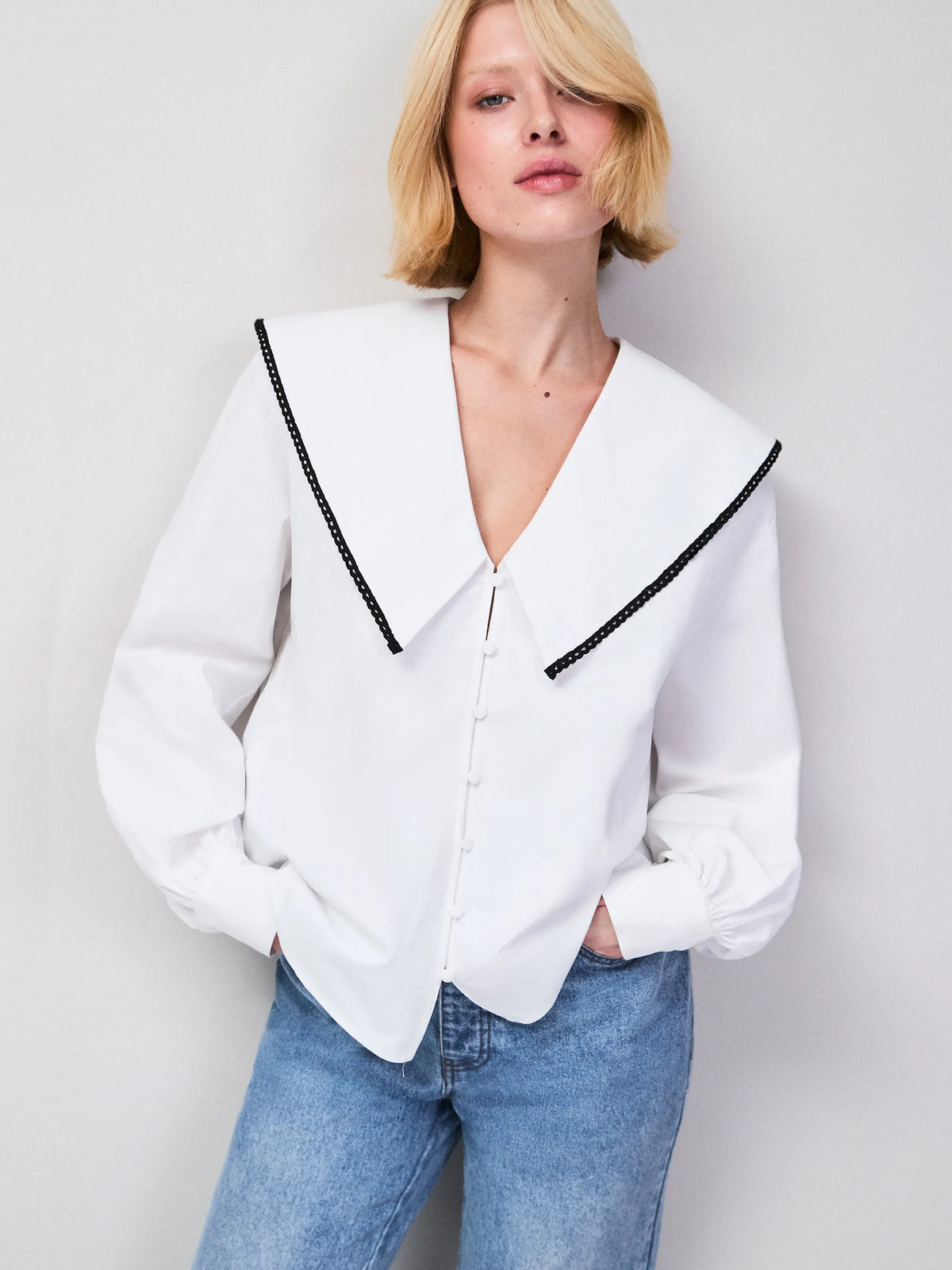 White Cotton Statement Collar Shirt