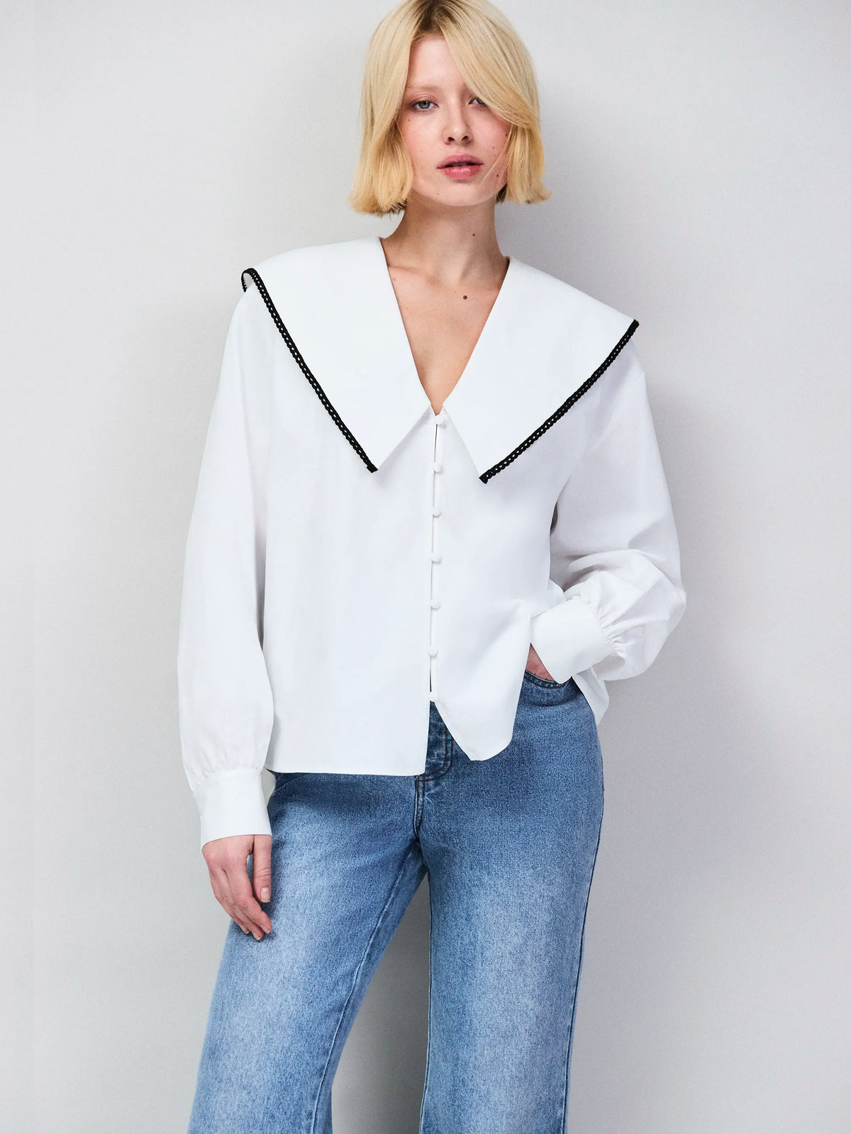 White Cotton Statement Collar Shirt