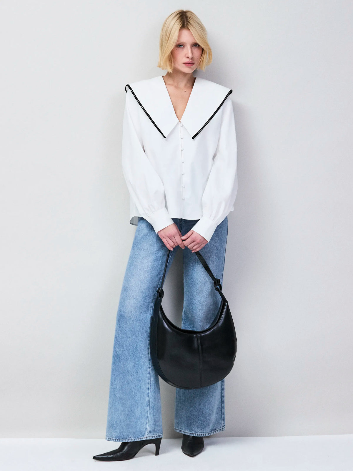 White Cotton Statement Collar Shirt