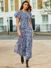 Blue Leopard-Print Button-Detail Dress