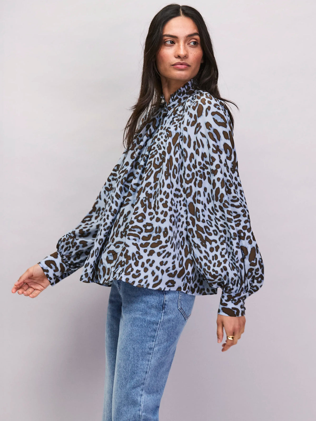 Blue Leopard-Print Ruffle-Neck Blouse