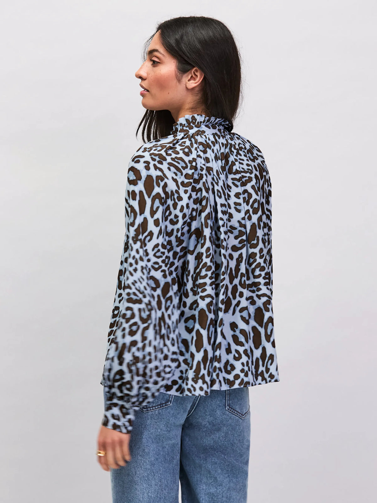 Blue Leopard-Print Ruffle-Neck Blouse