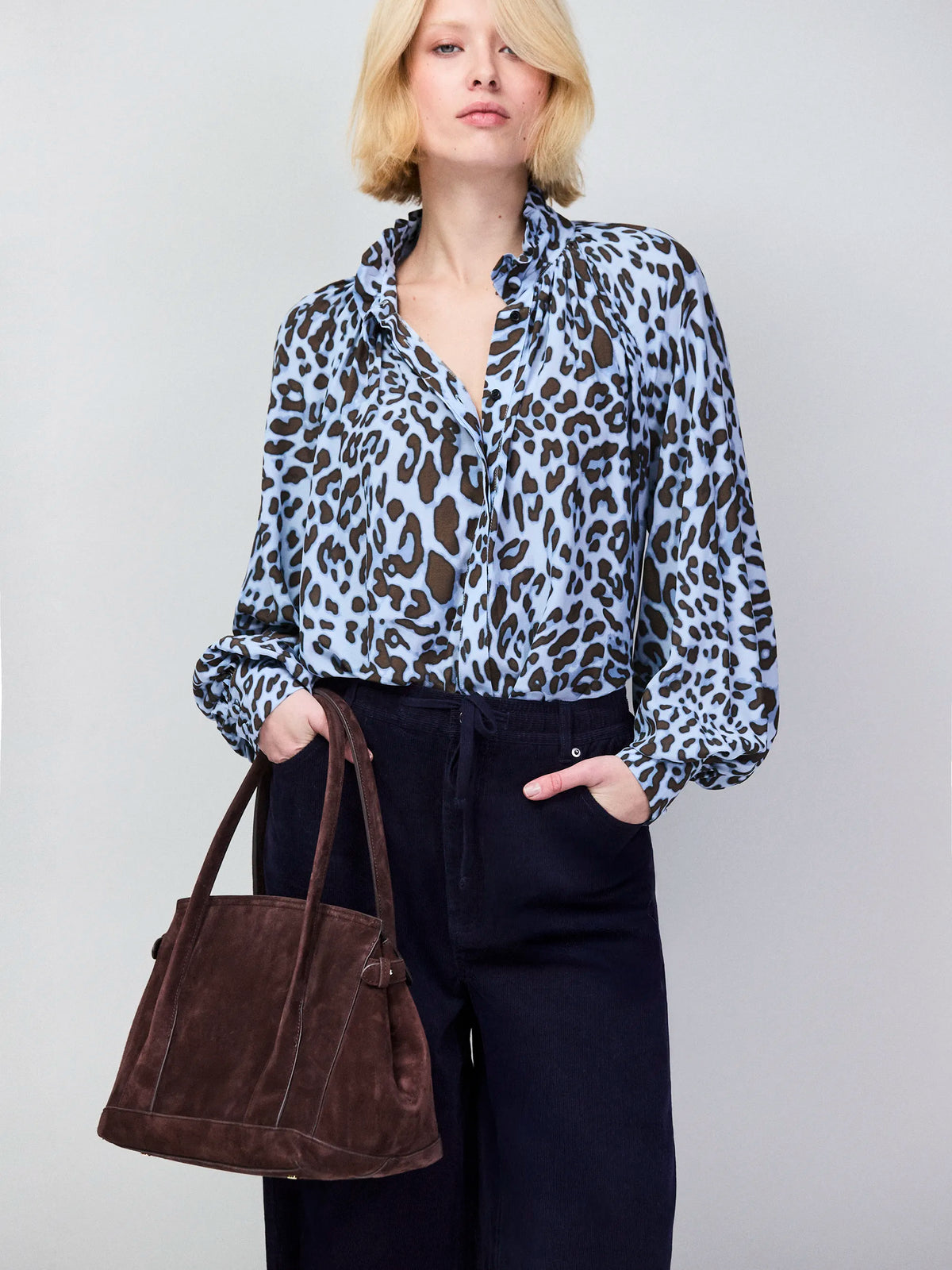 Blue Leopard-Print Ruffle-Neck Blouse
