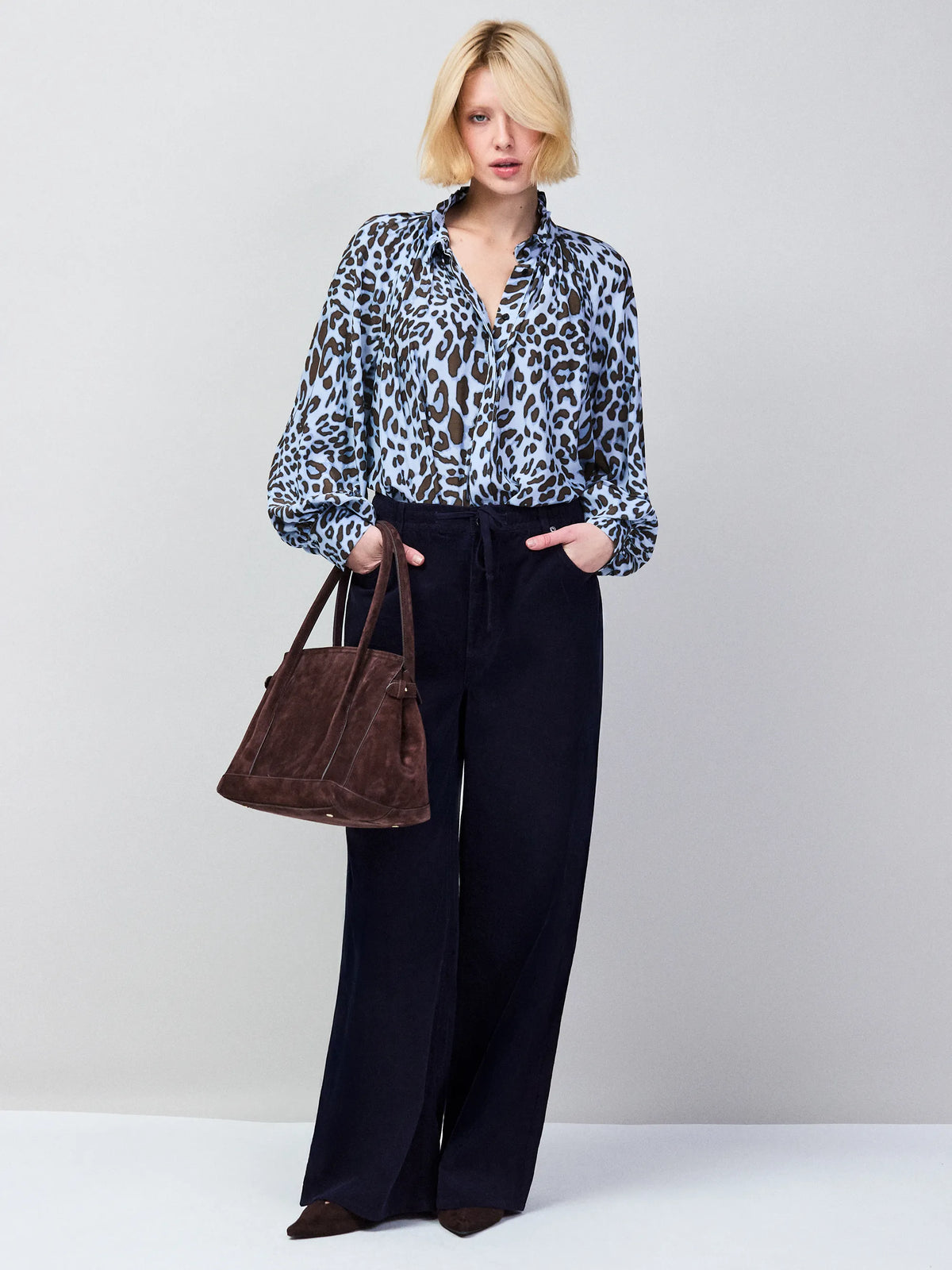 Blue Leopard-Print Ruffle-Neck Blouse