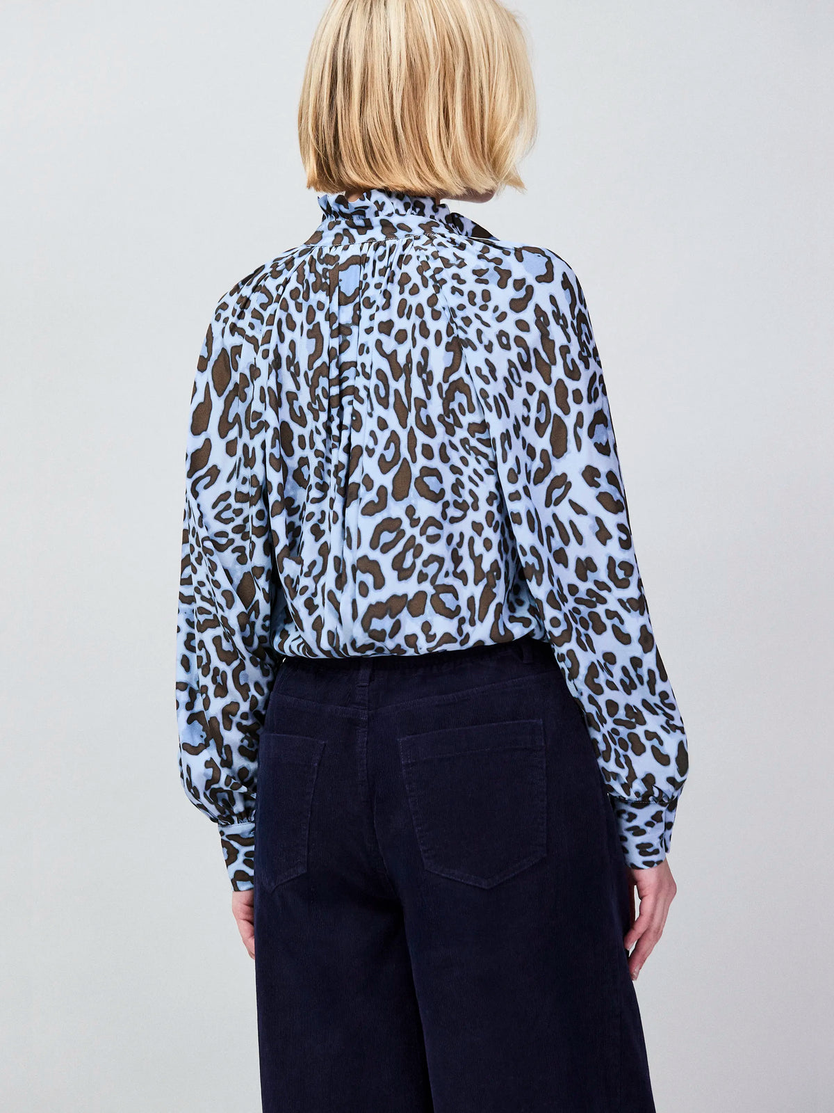 Blue Leopard-Print Ruffle-Neck Blouse