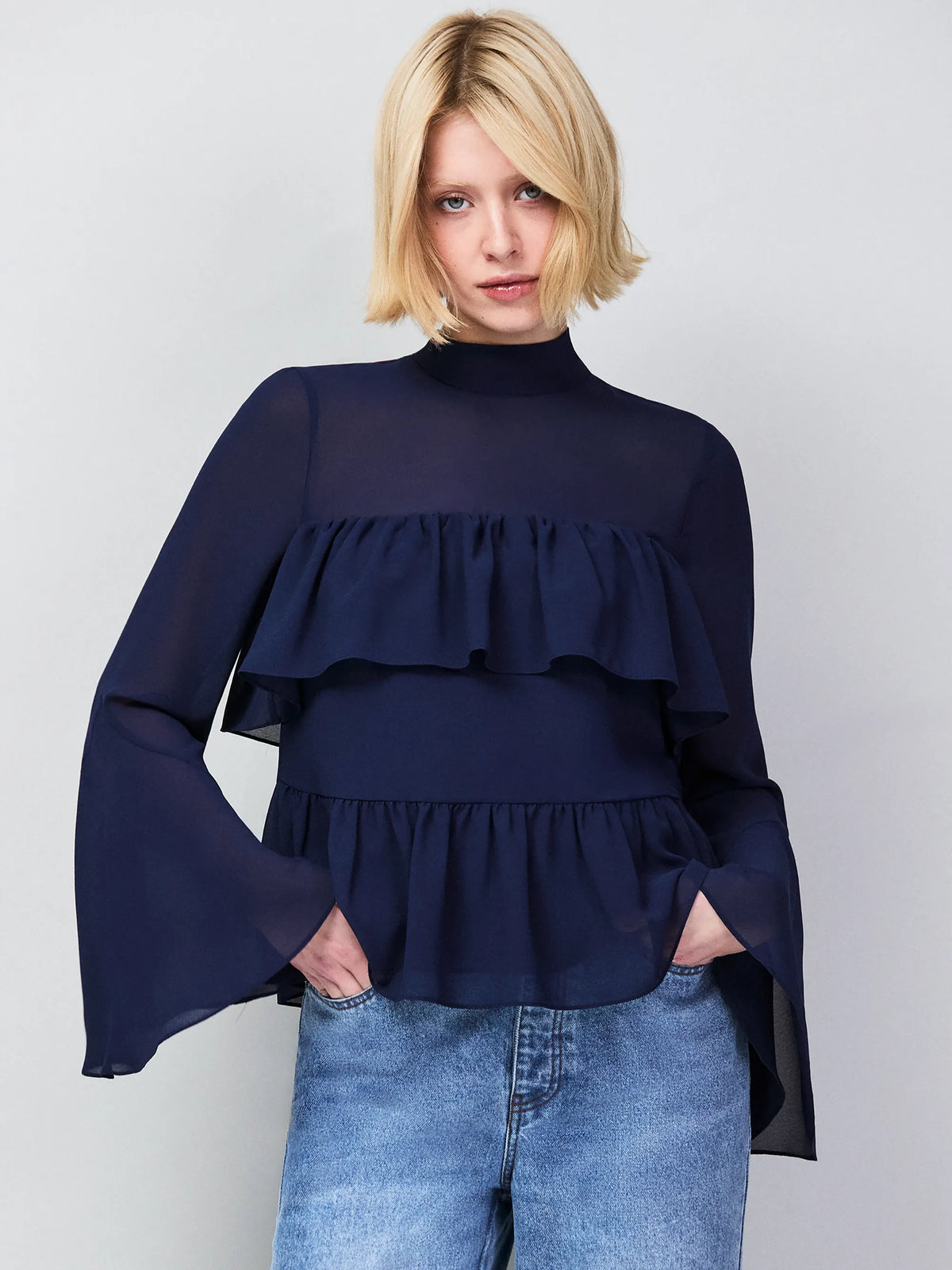 Navy Frill Detail Chiffon Blouse