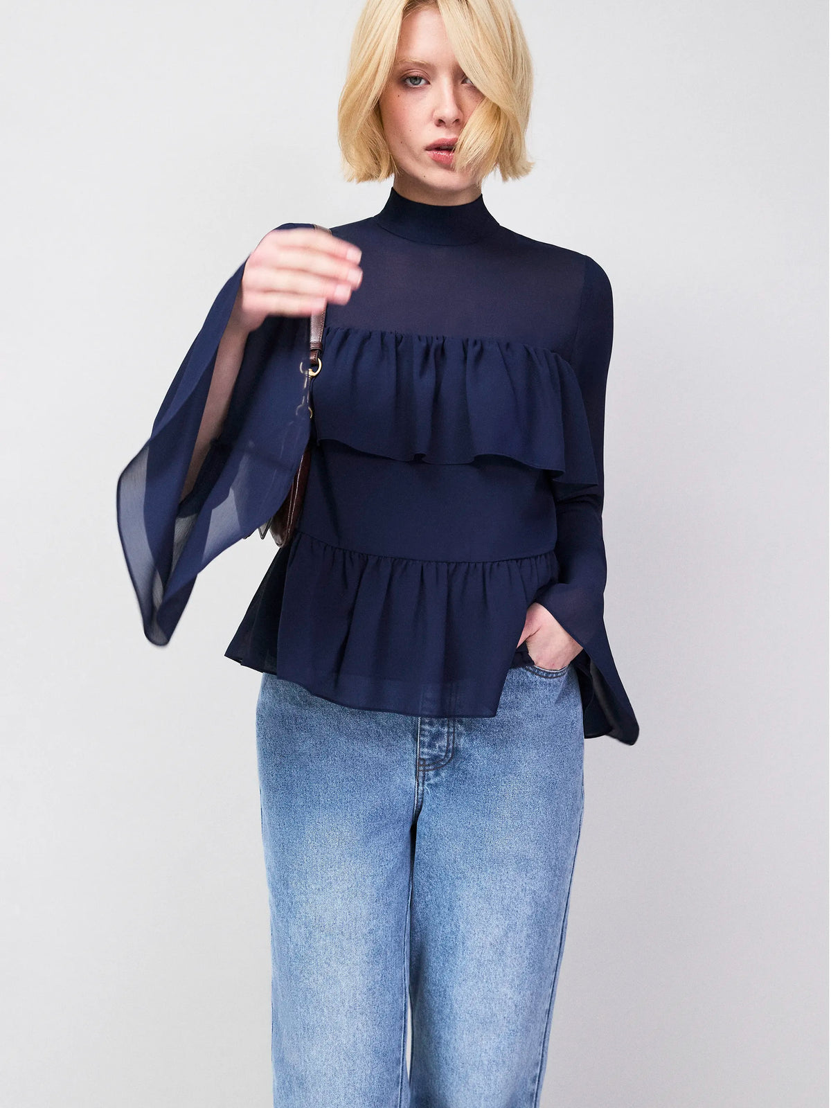 Navy Frill Detail Chiffon Blouse