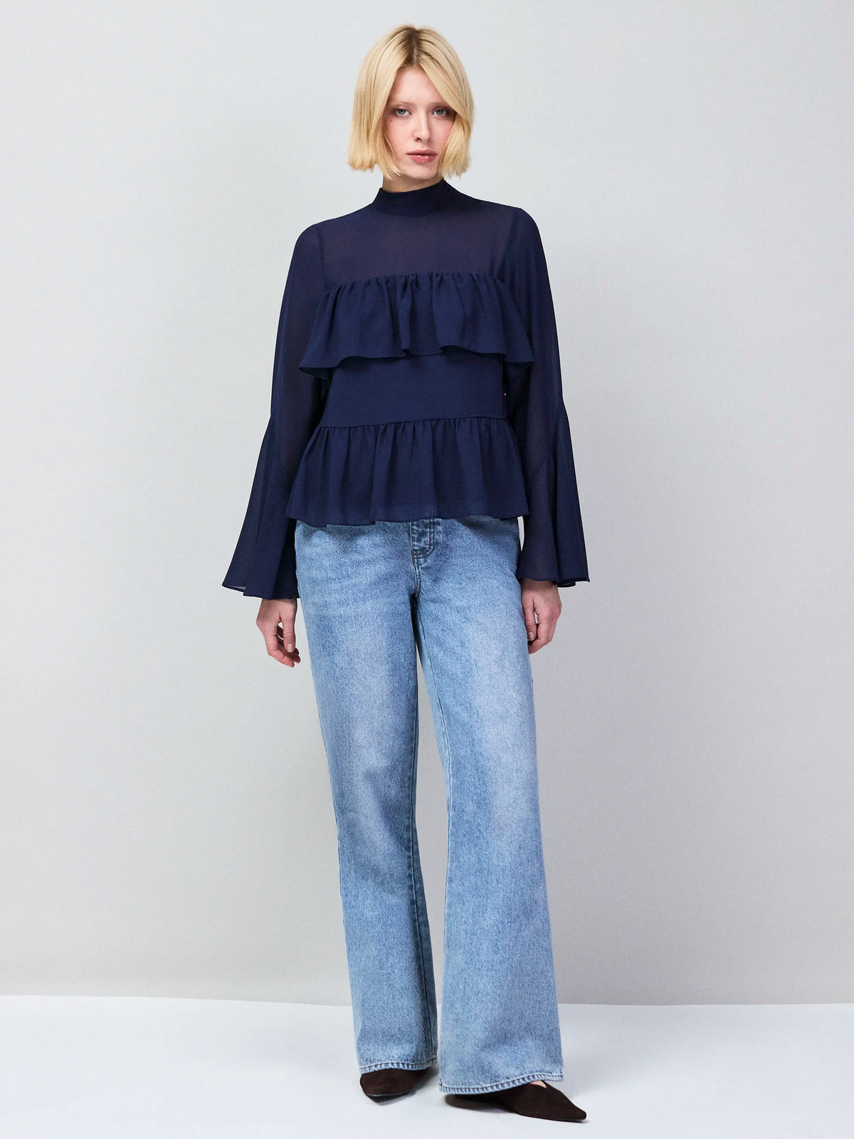 Navy Frill Detail Chiffon Blouse