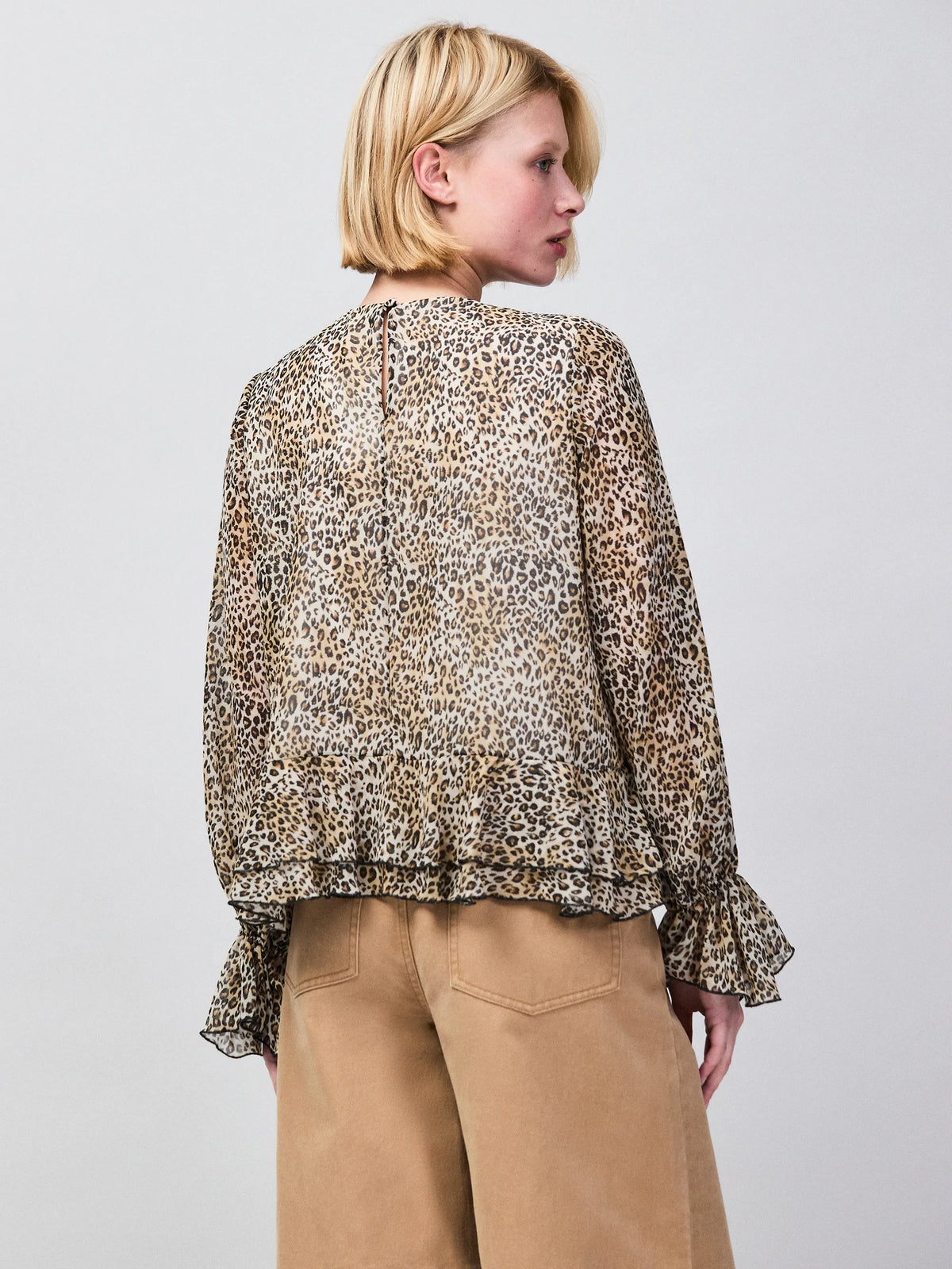 Leopard Print Ruffle Hem Chiffon Blouse