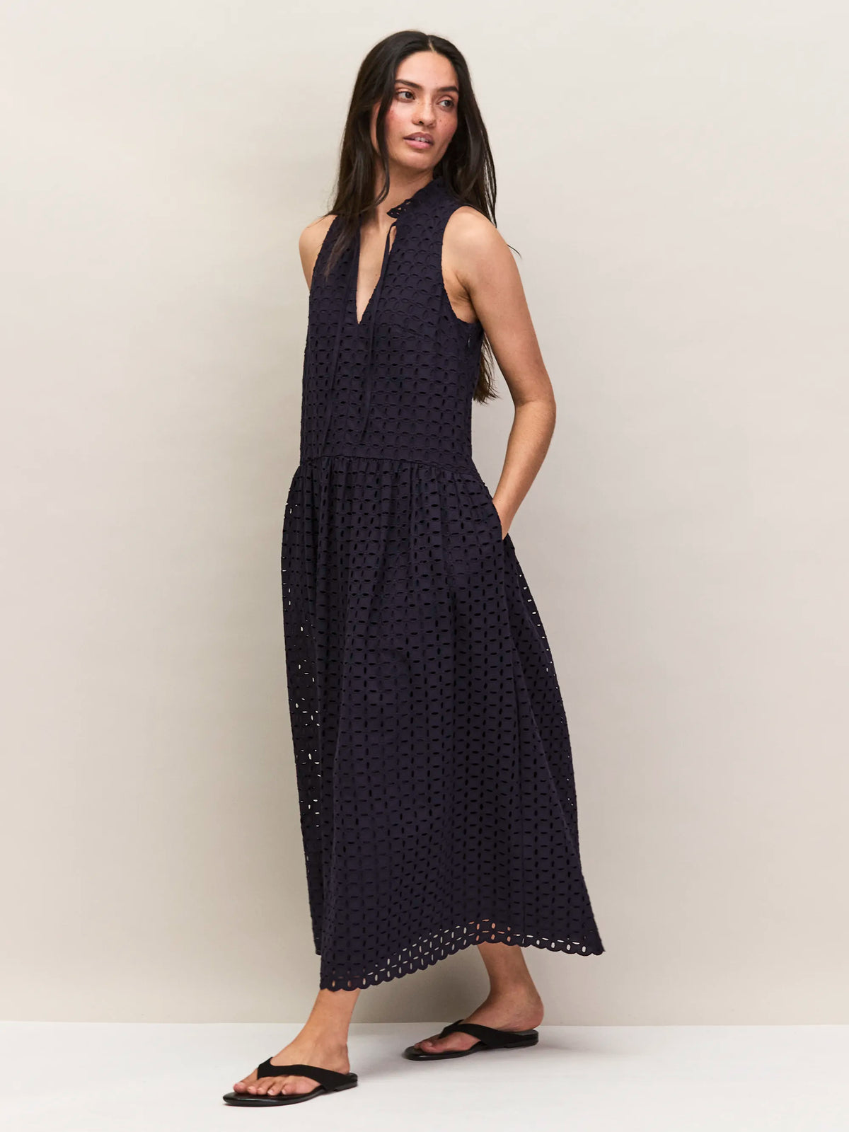 Navy Broderie V-Neck Midi Dress Cotton