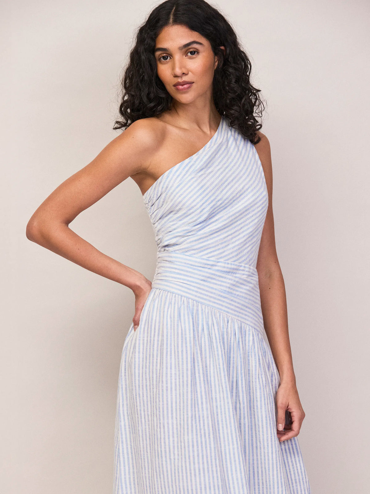 Blue And White Stripe Cotton One Shoulder Dress