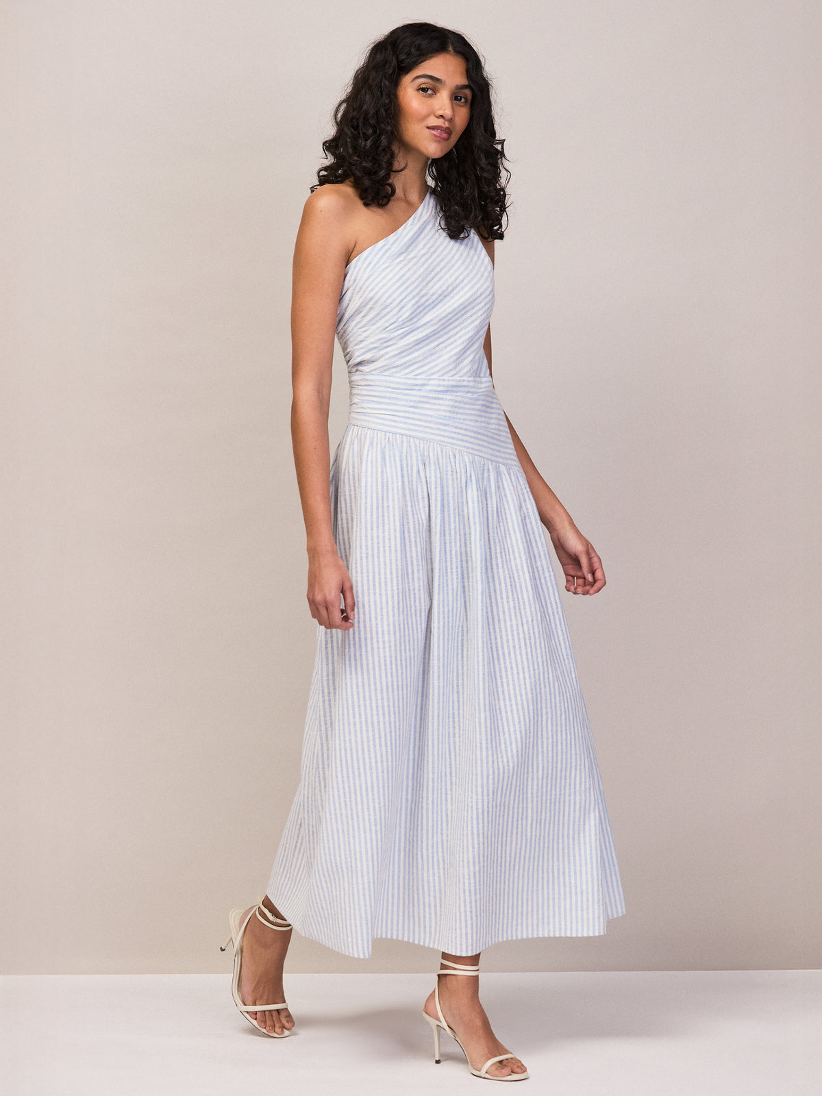 Petite Blue And White Stripe Cotton One Shoulder Dress