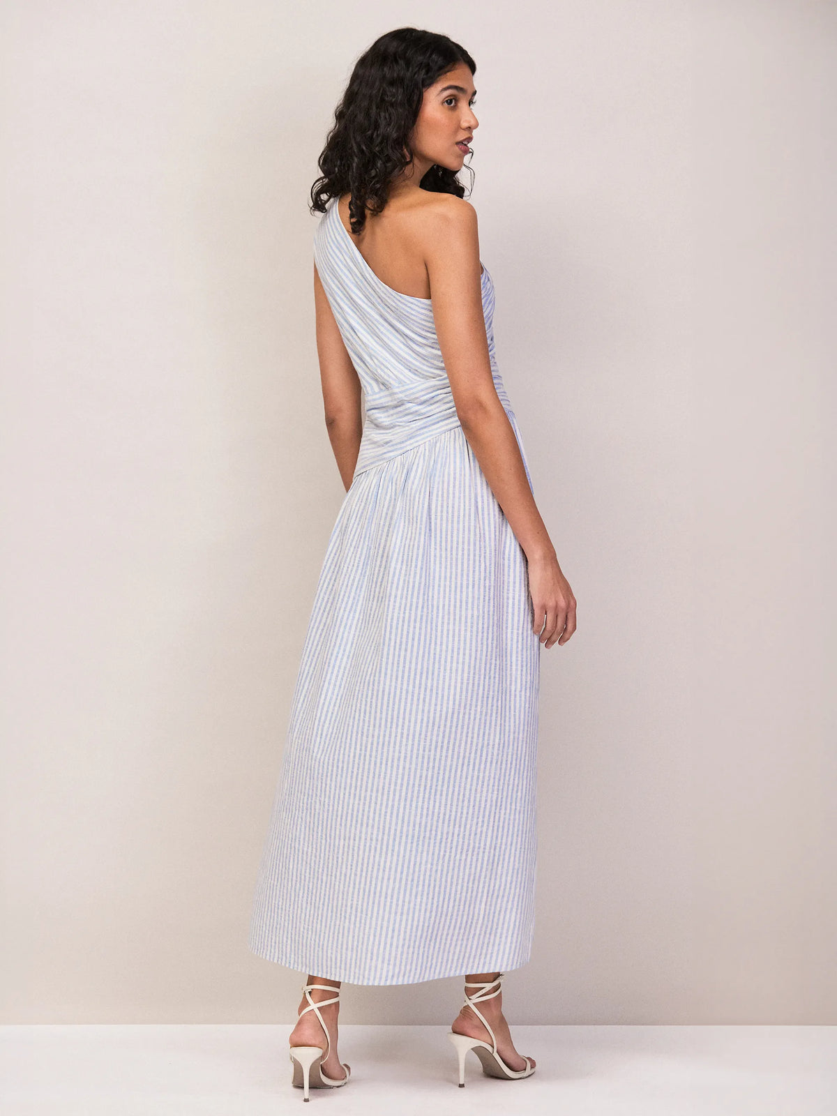 Petite Blue And White Stripe Cotton One Shoulder Dress