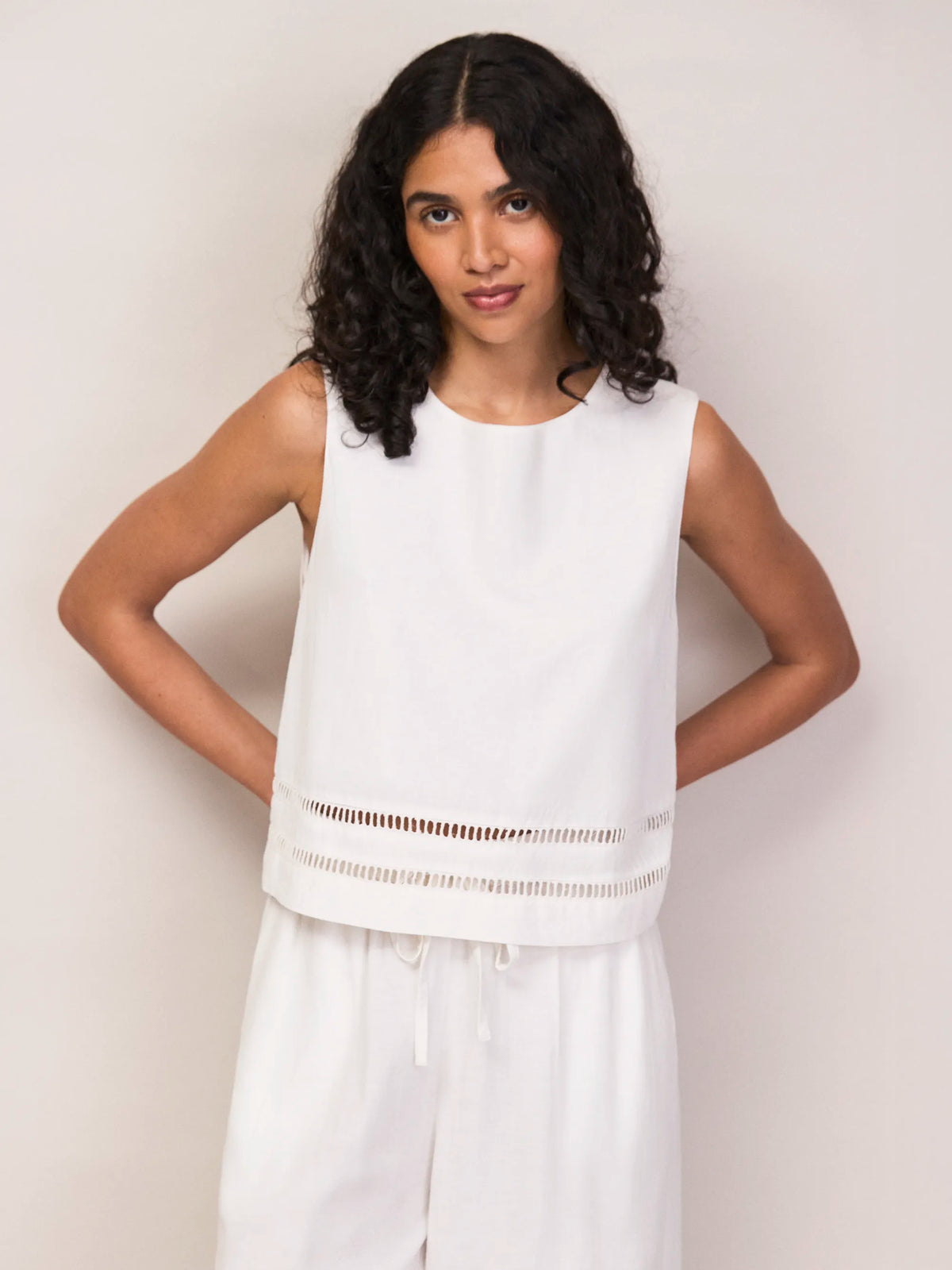 White Ladder Trim Shell Top With Linen Co-ord Resort