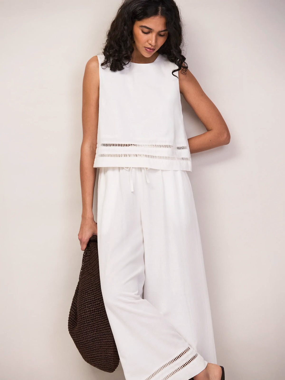 White Ladder Trim Shell Top With Linen Co-ord Resort