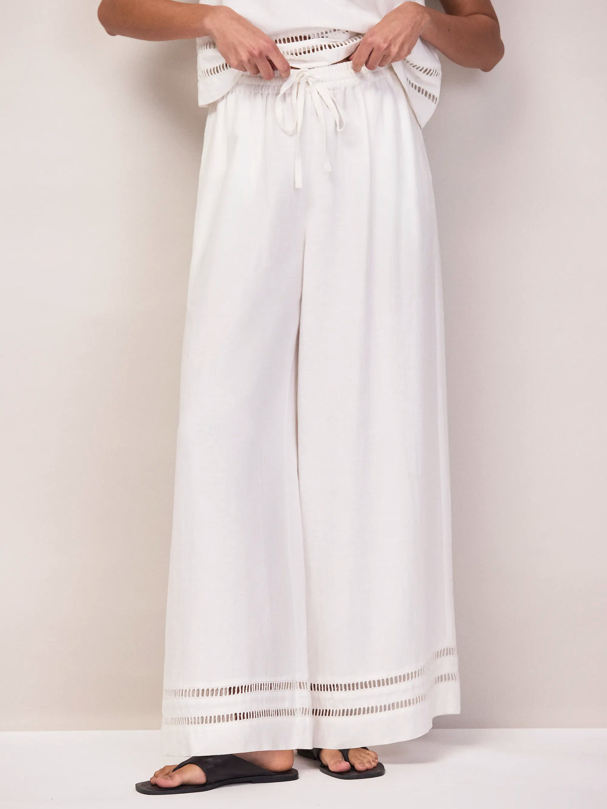 White Ladder Trim Wide Leg Trousers With Linen Co-Ord
