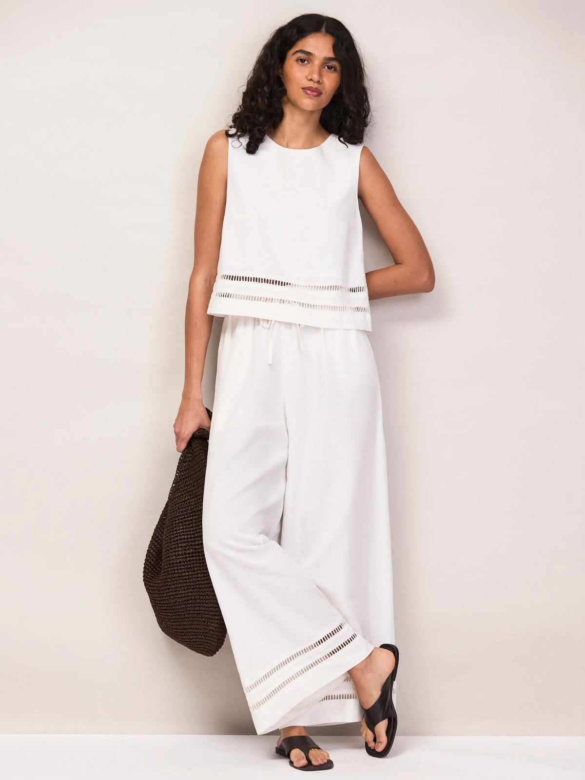 White Ladder Trim Wide Leg Trousers With Linen Co-Ord