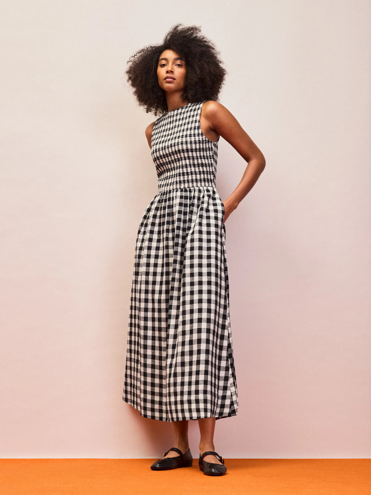 Mono gingham linen blend midi dress with shirred bodice