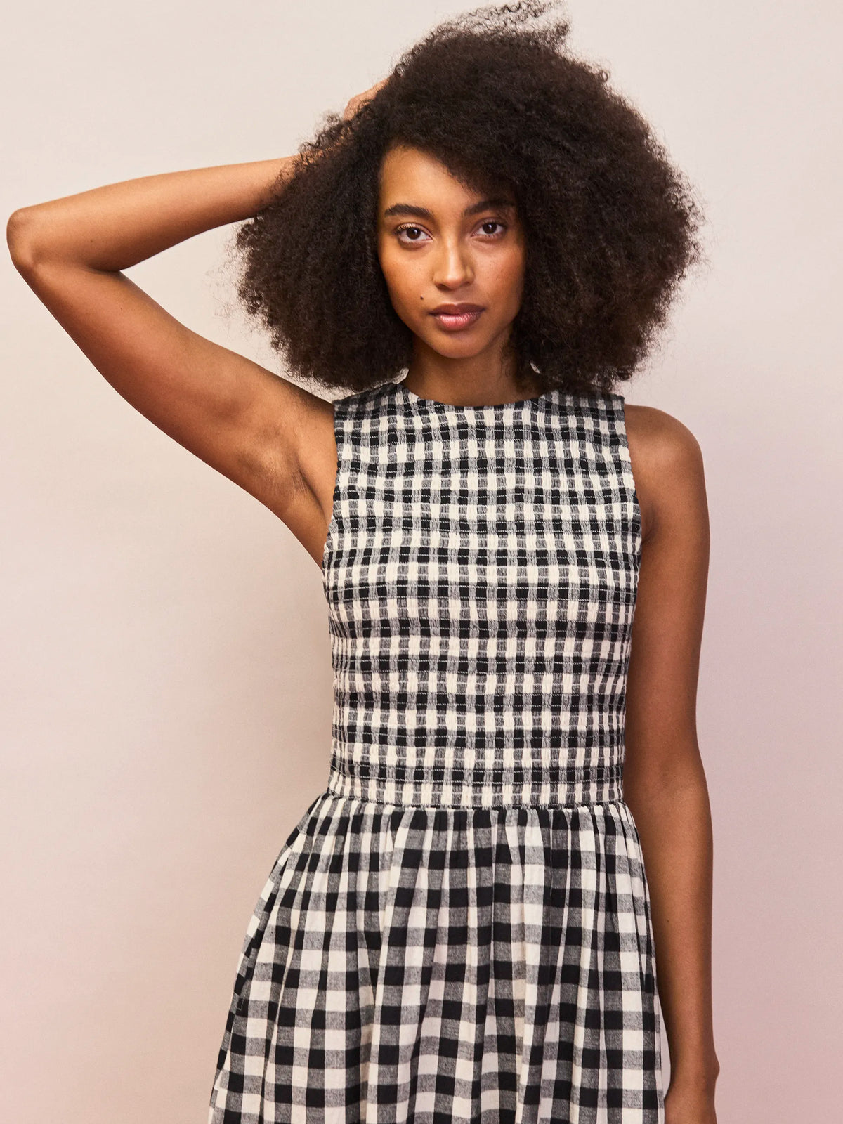 Mono gingham midi dress with shirred bodice and racer neckline